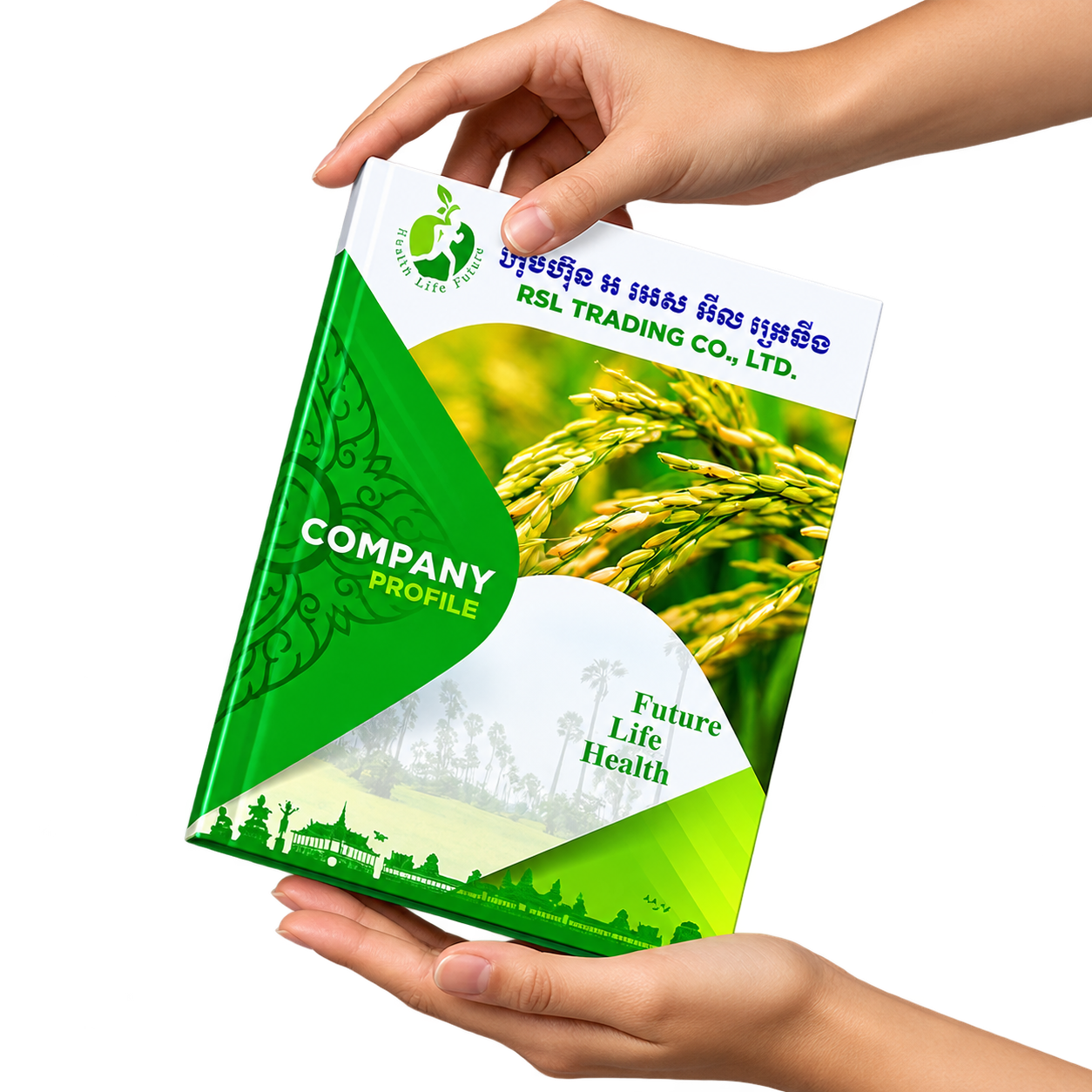 Hands Presenting a Green Company Profile Booklet